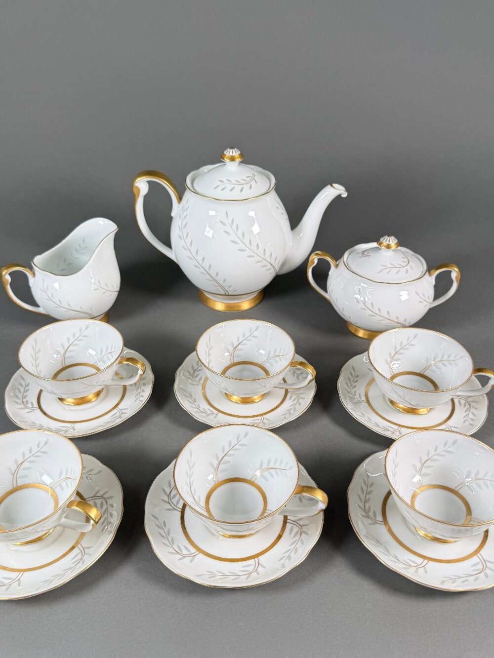 Vintage Seyei Regal China Pearl Rice Tea Set 15 Pc Hand Carved Japan Gold Trim